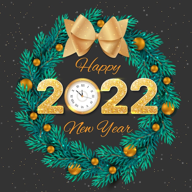 2022 Happy New Year Golden Numbers with sequins and wall clock Wreath with golden balls and bow