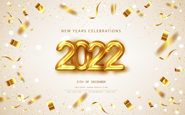 2022 Happy New Year greeting background with gold bow. Vector Christmas illustration.