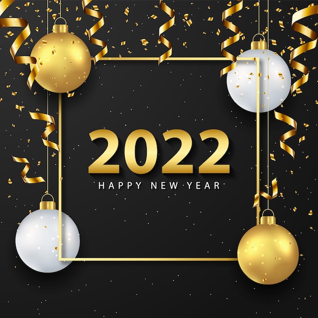 2022 happy new year greeting card with realistic golden and white balls on black background