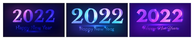 2022 Happy New Year neon background. Set of three abstract neon backdrops with lights for Christmas holiday greeting card, flyers or posters. Vector illustration