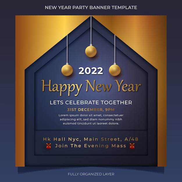 2022 Happy new year party celebration gold and dark luxury social media post banner template design