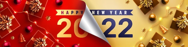 2022 Happy New Year Promotion Poster or banner with open gift wrap paper and gift box