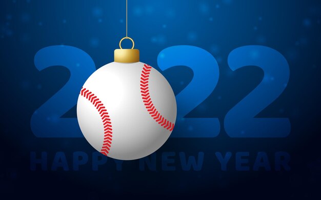 2022 Happy New Year. Sports greeting card with a baseball ball on the luxury background with snowflake. Vector illustration.