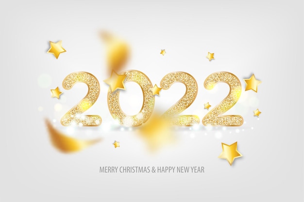 2022 Happy New Year. Tradicional lettering text for Happy New Year or Merry Christmas. Holiday background with golden bokeh number 2022. Light vector Illustration