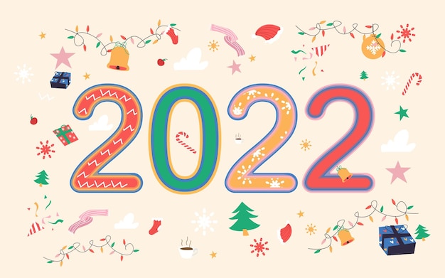 2022 happy new year with cute Christmas elements. Vector illustration