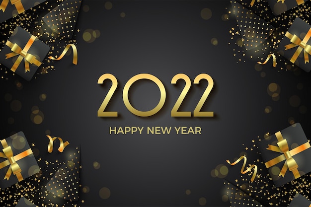 2022 happy new year with gold numbers and black gift box illustration