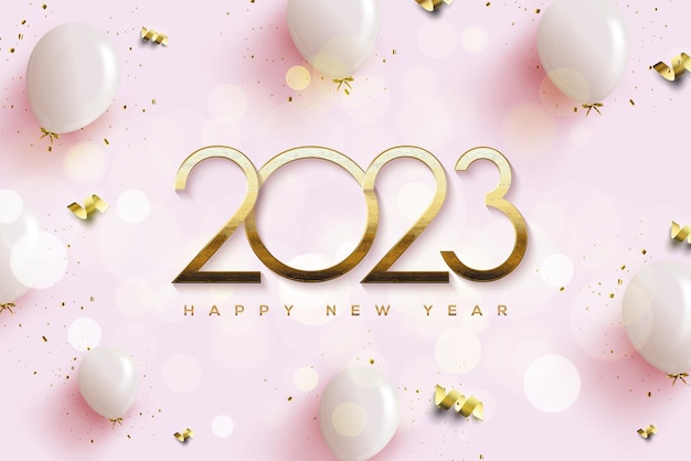 2022 happy new year with gold numbers and pink balloons