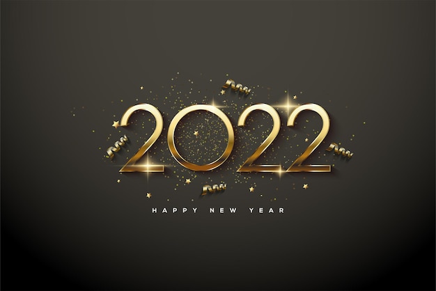 2022 happy new year with thin gold numbers and gold splashes