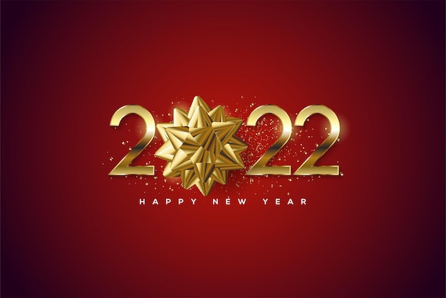 2022 happy new year with thin numbers and gold ribbon