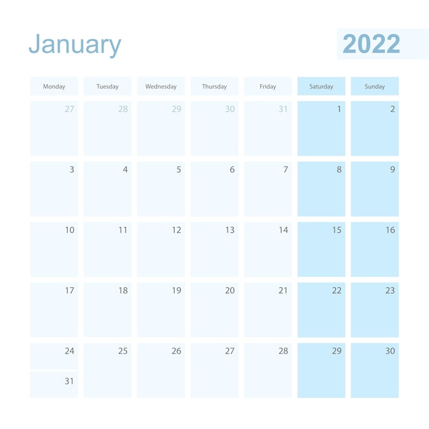 2022 January wall planner in blue pastel color, week starts on Monday.