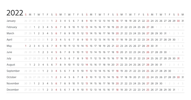 2022 linear calendar. Horizontal planner for year. Yearly calender template. Week starts Sunday