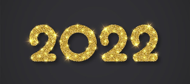 2022 New Year background. Golden metallic glitter numeral text calligraphy web banner. Abstract gold sparkle stars black 3d greeting card. Christmas time poster template. calendar header concept