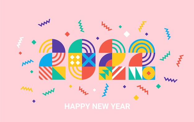 2022 New Year banner with numbers from simple geometric shapes and figures inside confetti