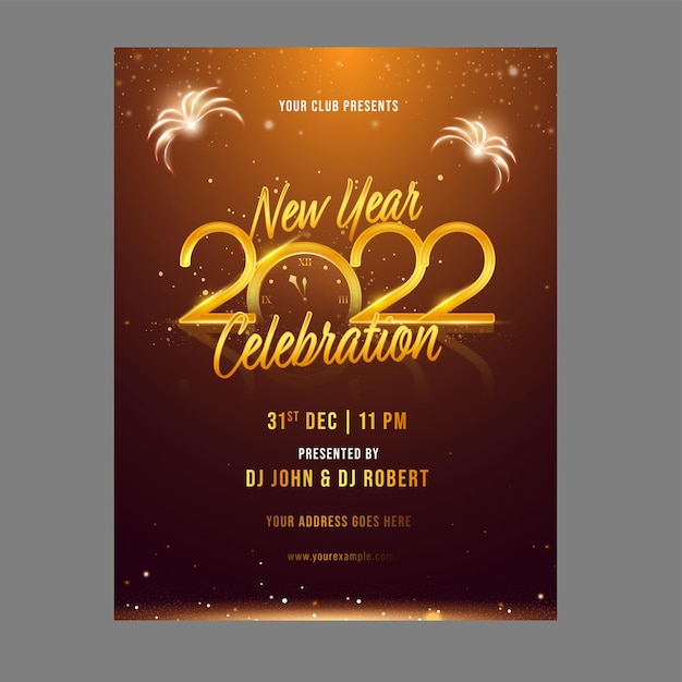 2022 New Year Celebration Flyer Design With Fireworks In Brown Color.