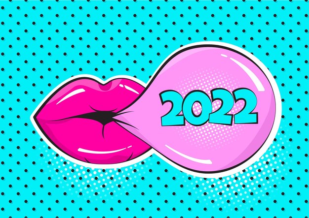 Vector 2022 new year comic vector gum bubble and pink lips on polka dot background. greeting card in pop art style. holiday illustration