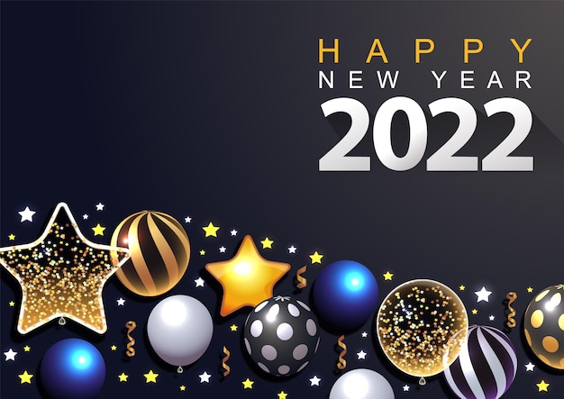 2022 new year greeting card or banner 3d metallic stars balls and confetti on dark background