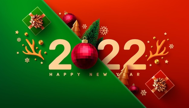 2022 New Year Promotion Poster or banner with gift box and christmas element