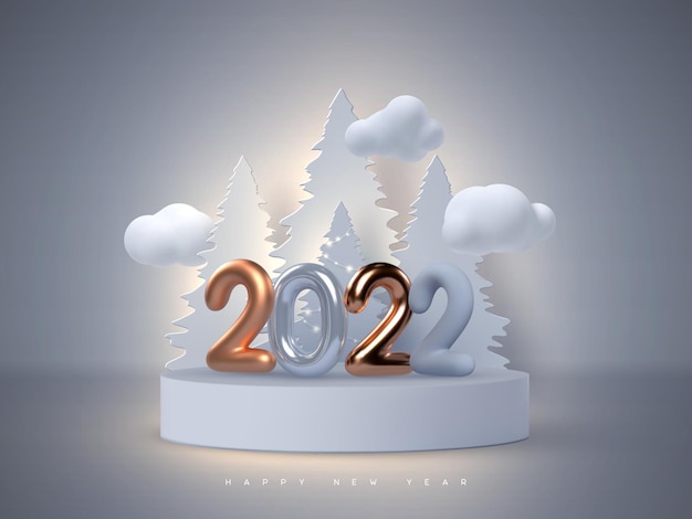 2022 New Year sign. 3d metallic golden or copper with blue numbers standing on the podium with fir tree and clouds. Vector illustration.