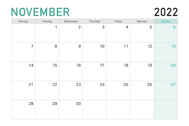 2022 November illustration vector desk calendar weeks start on Monday in light green and white theme