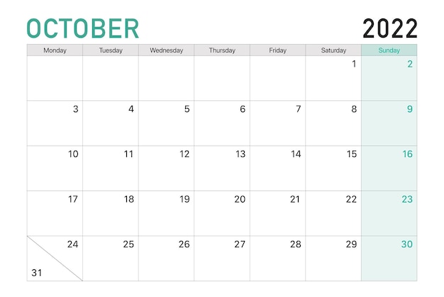 2022 October illustration vector desk calendar weeks start on Monday in light green and white theme