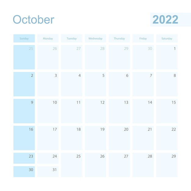 2022 October wall planner in blue color, week starts on Sunday.