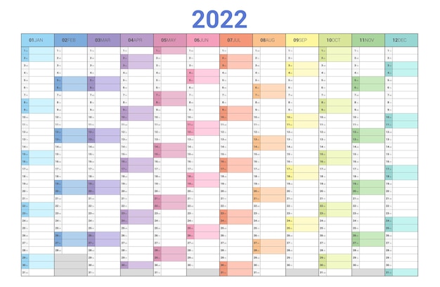 2022 Planner Calendar Vertical simple design wide shape full color