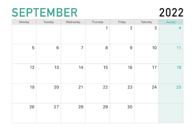 2022 September illustration vector desk calendar weeks start on Monday in light green and white theme