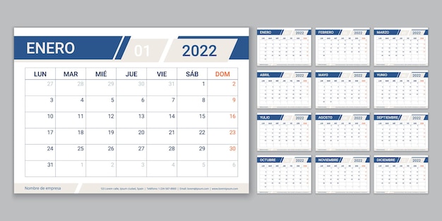 2022 Spanish calendar planner. Week starts Monday. Calender template with 12 month. Table schedule grid