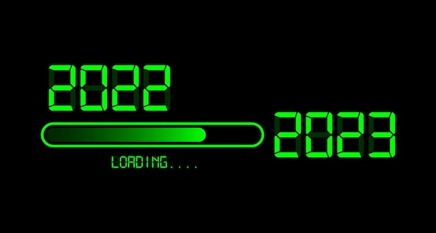 2022 with loading to up 2023 Happy new year. Green led neon digital time style