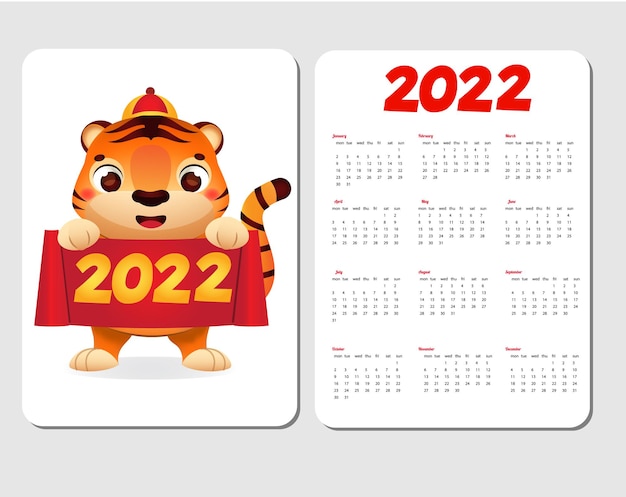 2022 year calendar template with tiger. Chinese new year design with symbol of lunar zodiac, year of the tiger.