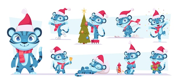 2022 year tiger Xmas celebration cartoon character wild animal blue tiger in red cap playing in action poses exact vector colored promo illustrations