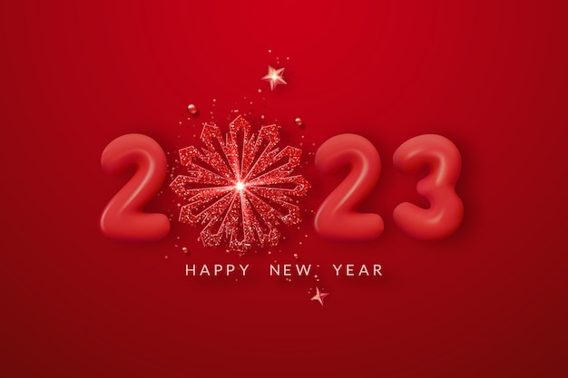 2023 3d realistic numbers decor and snowflake Red balloons New Year 2023 greeting card