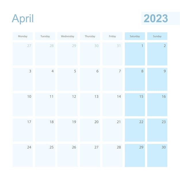 2023 April wall planner in blue pastel color week starts on Monday