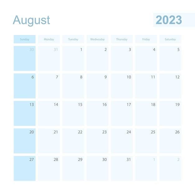 2023 August wall planner in blue color week starts on Sunday