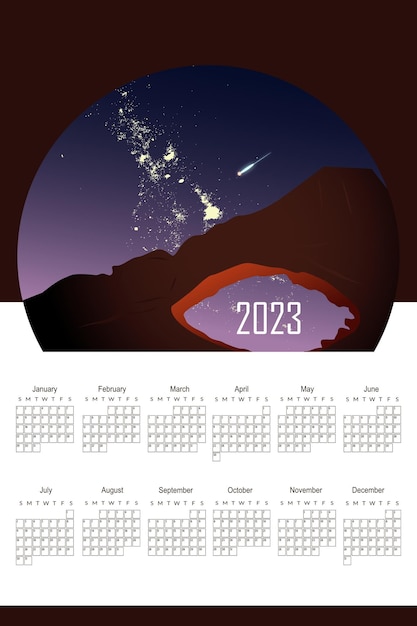 2023 calendar Falling meteor against a background of starry sky and canyon