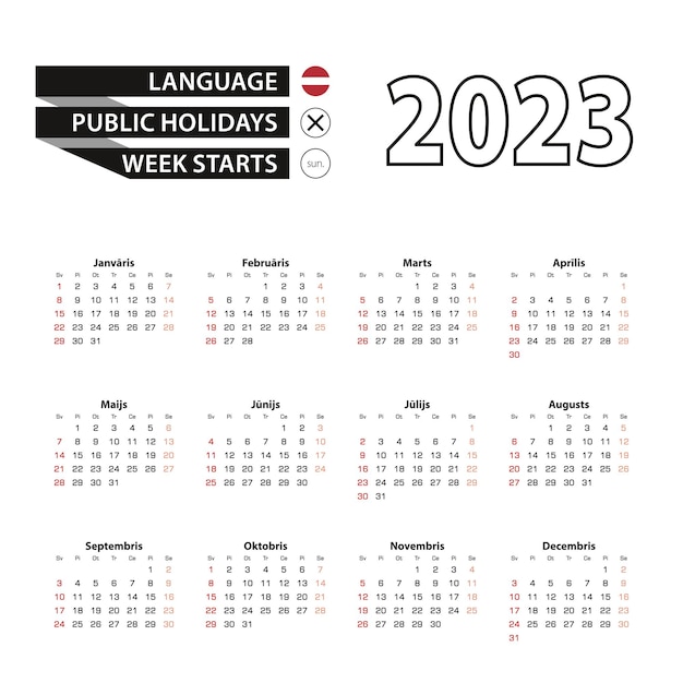 2023 calendar in Latvian language week starts from Sunday