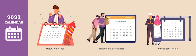 2023 calendar set January February and March month Colored flat graphic vector illustration isolated