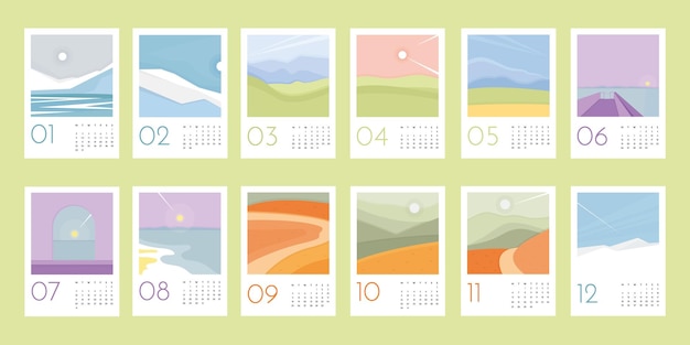 2023 calendar template with abstract nature winter, spring, summer and autumn landscapes.