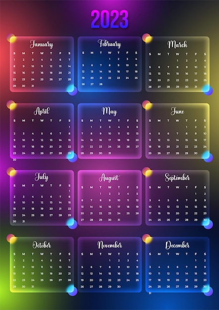 2023 Calendar with Glass Morphism and colorful Background Premium Vector