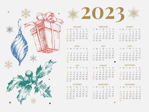 Vector 2023 calendar year vector illustration the week starts on sunday christmas snowflakes calendar 2023 template calendar design sunday in red colors vector