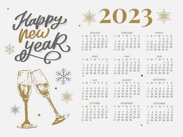 2023 Calendar year vector illustration The week starts on Sunday Christmas snowflakes calendar 2023 template Calendar design Sunday in red colors Vector