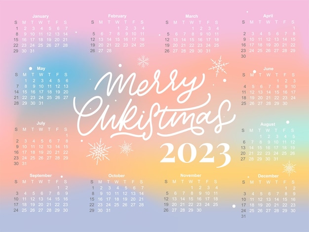 2023 Calendar year vector illustration The week starts on Sunday Christmas snowflakes calendar 2023 template Calendar design Sunday in red colors Vector