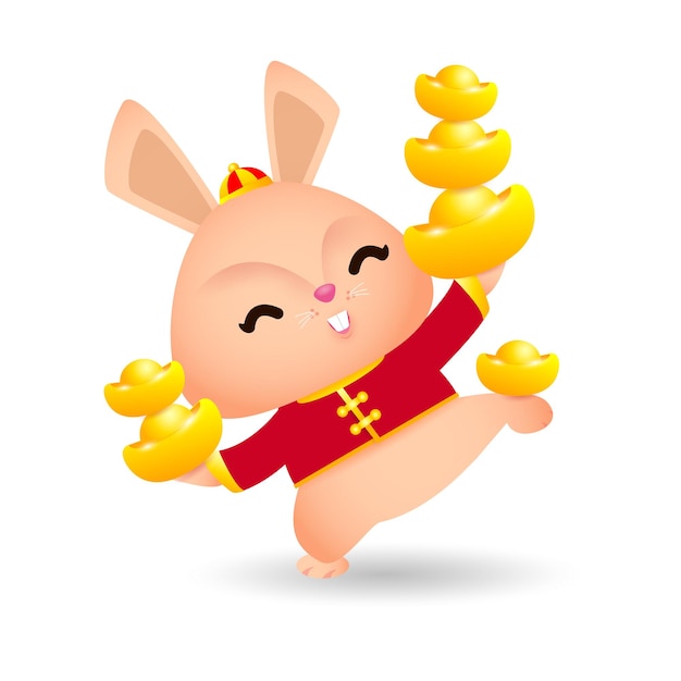 2023 Chinese new year, little rabbit with chinese gold Ingots, gong xi fa cai, year of the rabbit 