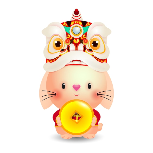 2023 Chinese new year little rabbit with lion dance holding coins of gold year of the rabbit