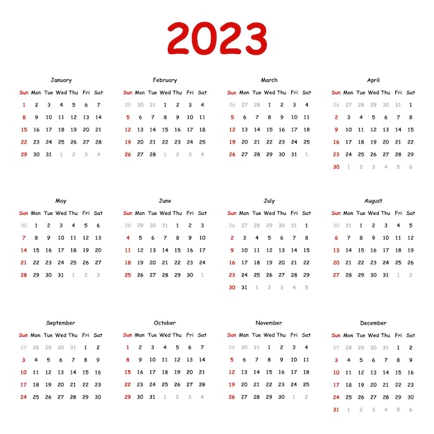 2023 Classic calendar with black and red numbers on a white background The week starts on Sunday