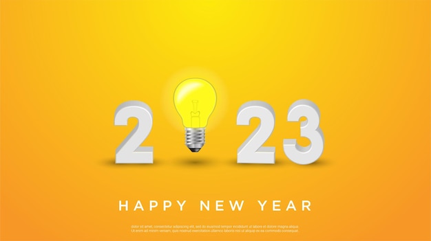 2023 creativity inspiration concepts with a light bulb on yellow background.