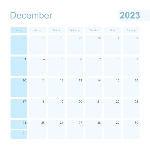 2023 December wall planner in blue color week starts on Sunday