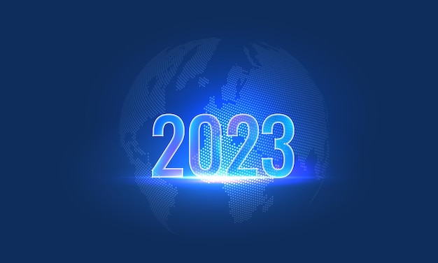 2023 digital futuristic illustration Text of the new year on the background of the world map Neon glowing poster on a dark night background