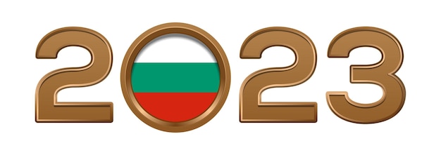 2023 gold number with the flag of Bulgaria inside. 2023 number logo text design isolated on white.