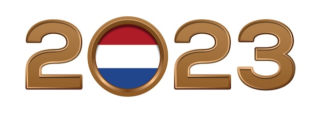 2023 gold number with the flag of the Netherlands inside. 2023 number logo design isolated on white